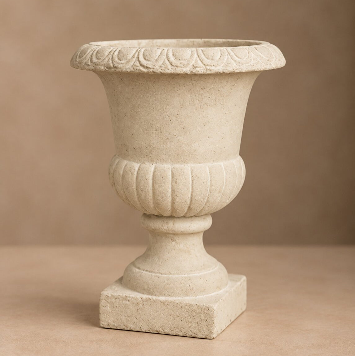 Classical Garden Stone Urn – Weathered Limestone Pedestal Planter with Scalloped Detail - U26