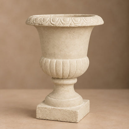 Classical Garden Stone Urn – Weathered Limestone Pedestal Planter with Scalloped Detail - U26