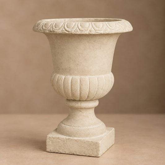 Classical Garden Stone Urn – Weathered Limestone Pedestal Planter with Scalloped Detail - U26
