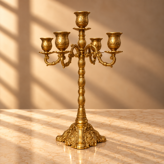 Antique Gold Candelabra - 5-Light Ornate Baroque Style Pillar Candle Holder - CT01