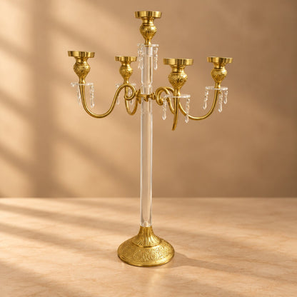 Crystal & Gold Candelabra - 5-Light Ornate Centerpiece with Hanging Droplets - CT04