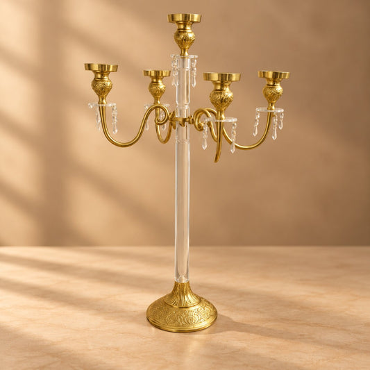 Crystal & Gold Candelabra - 5-Light Ornate Centerpiece with Hanging Droplets - CT04