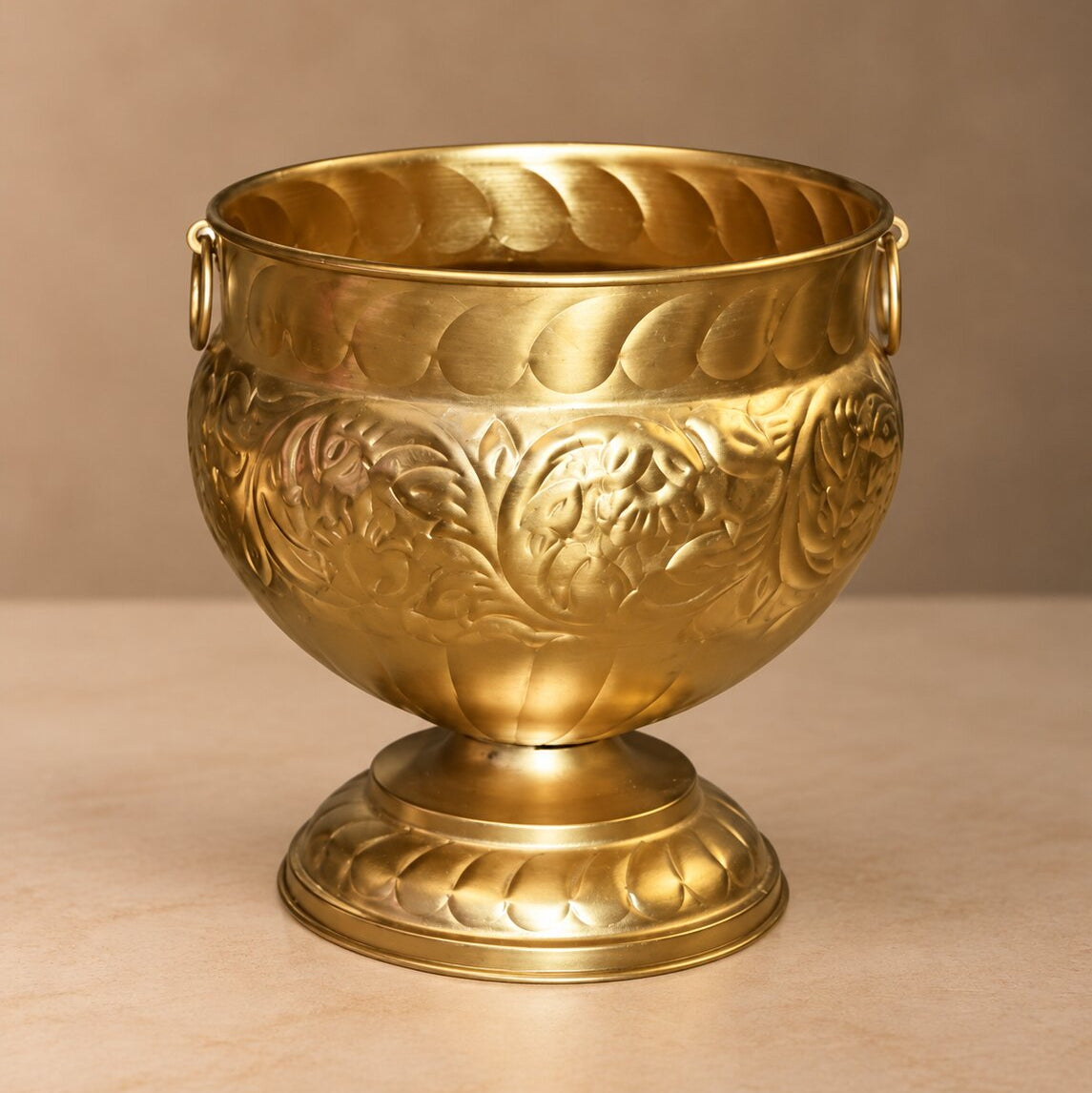 Embossed Brass Planter – Ornate Floral Pedestal Pot with Ring Handles - U06