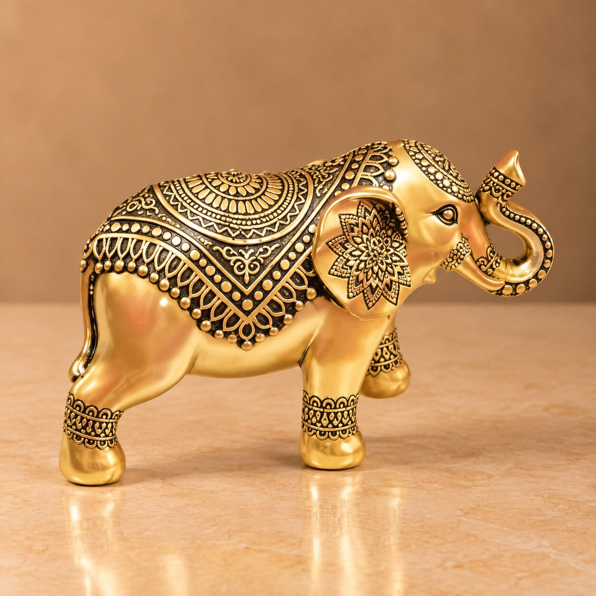Gold Elephant Figurine with Intricate Mandala Detail - Royal Indian Trunk-Up Statue for Luck & Prosperity - T14