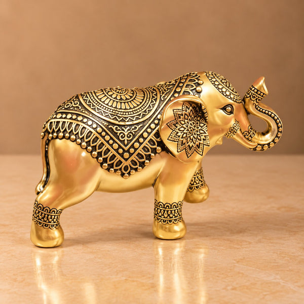 Gold Elephant Figurine with Intricate Mandala Detail - Royal Indian Trunk-Up Statue for Luck & Prosperity - T14