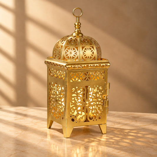 Gold Filigree Lantern – Moroccan Style Decorative Tea Light Holder with Domed Top - L05