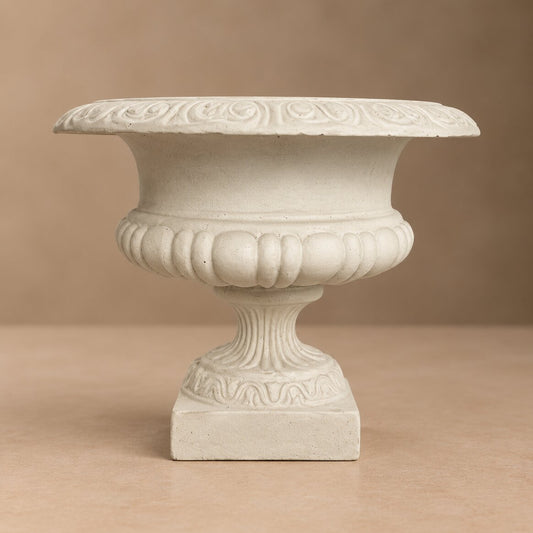Large Stone Compote Vase – Wide Pedestal Urn with Scalloped Rim and Fluted Base - U27