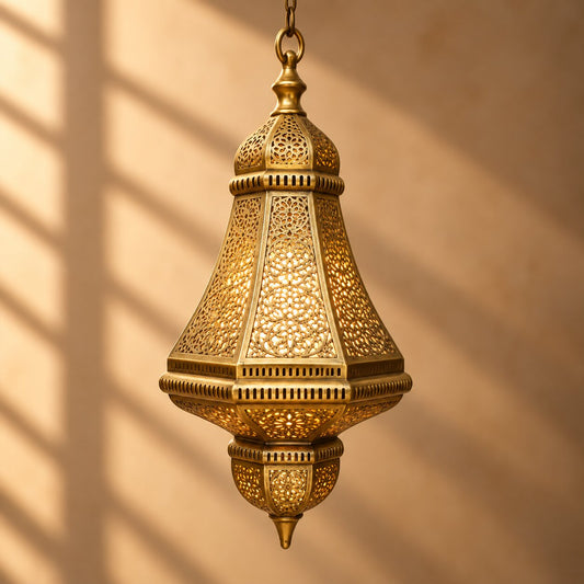 Moroccan Brass Lantern – Hand-Pierced Pendant Light for Exotic Home Decor - L02