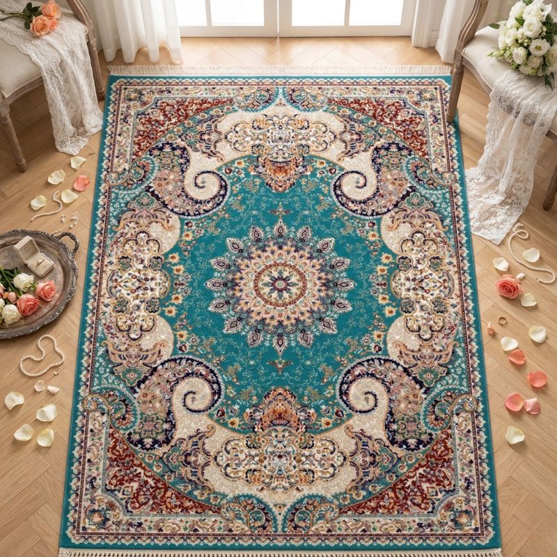 Ornate Persian Medallion Rug – Vibrant Teal & Gold Bohemian Oriental Carpet - CU03