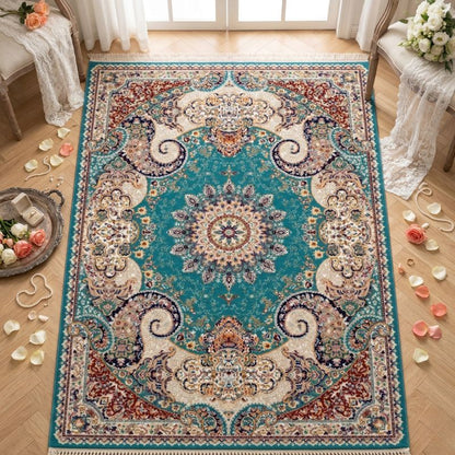 Ornate Persian Medallion Rug – Vibrant Teal & Gold Bohemian Oriental Carpet - CU03