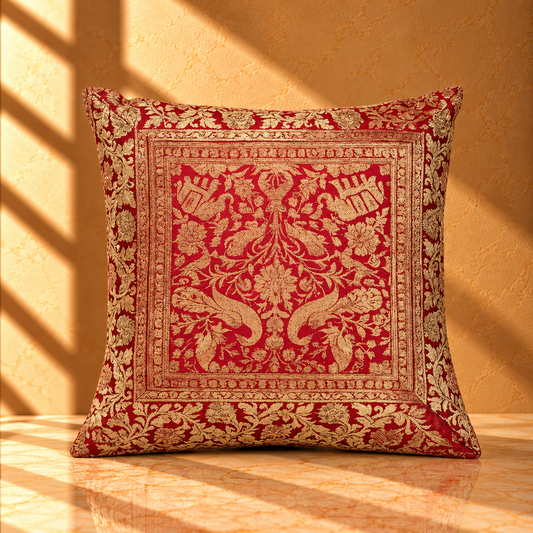 Imperial Red Brocade Cushion Covers – Luxury Gold Silk-Style Ornamental Pillows - CU13