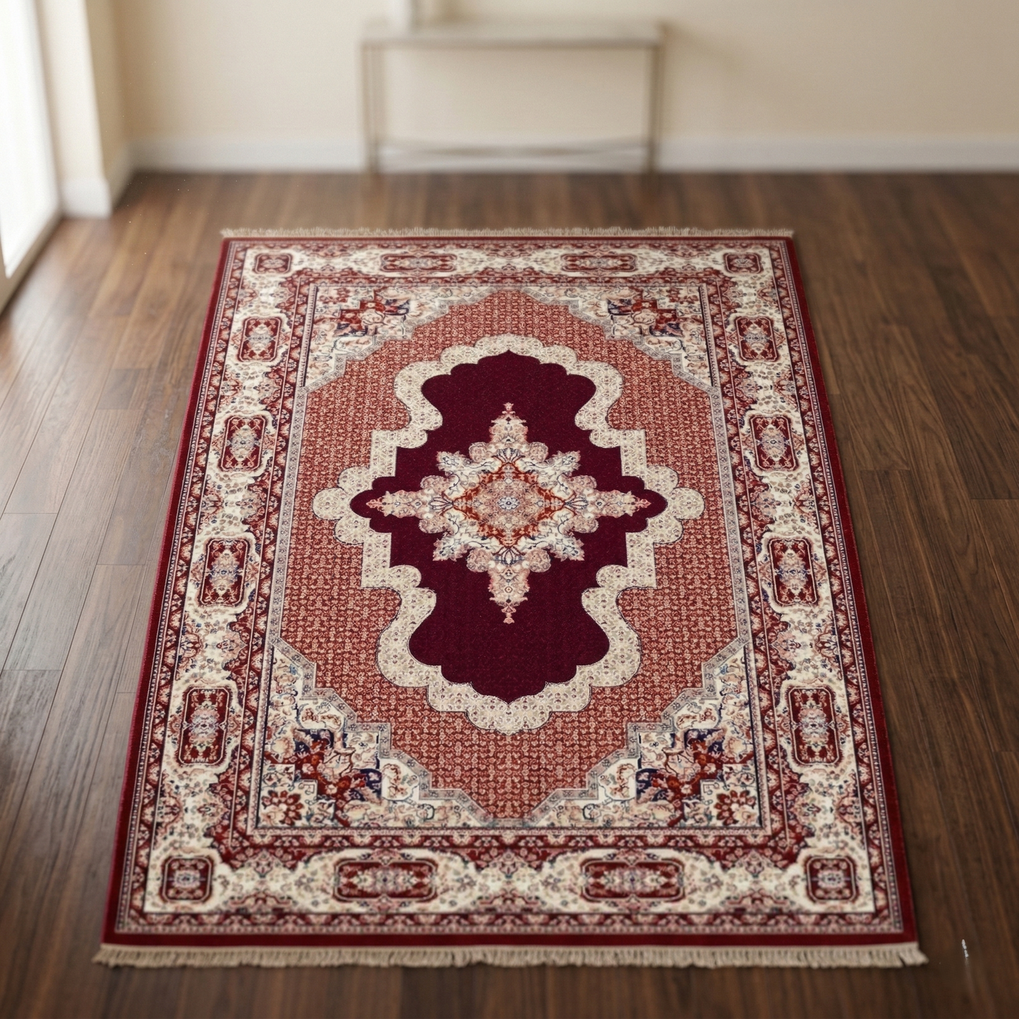 Traditional Persian Medallion Rug – Classic Burgundy & Cream Oriental Area Carpet - CU01