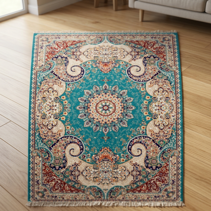 Ornate Persian Medallion Rug – Vibrant Teal & Gold Bohemian Oriental Carpet - CU03