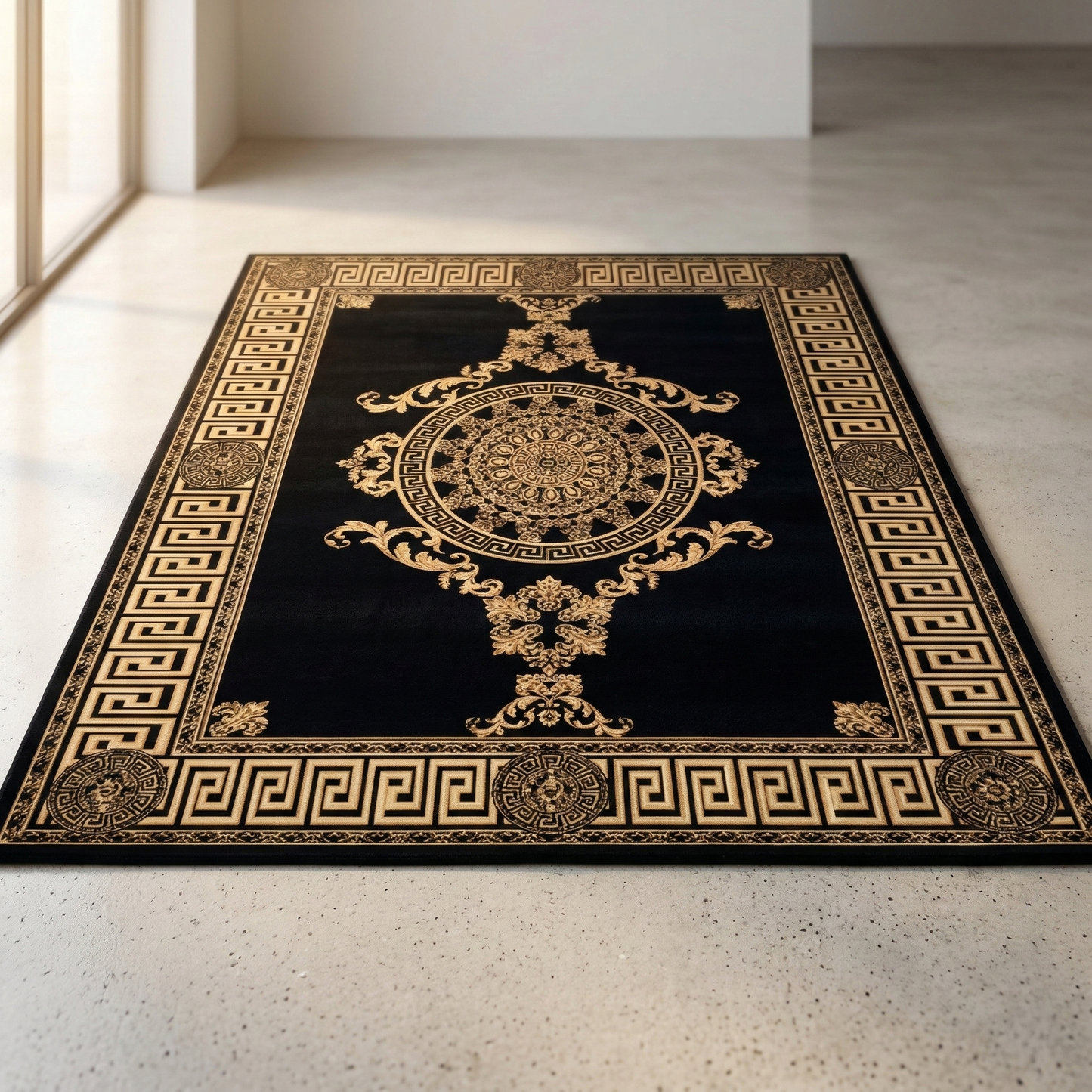 Versace Style Greek Key Rug – Luxury Black & Gold Baroque Statement Carpet - CU05