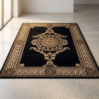 Versace Style Greek Key Rug – Luxury Black & Gold Baroque Statement Carpet - CU05