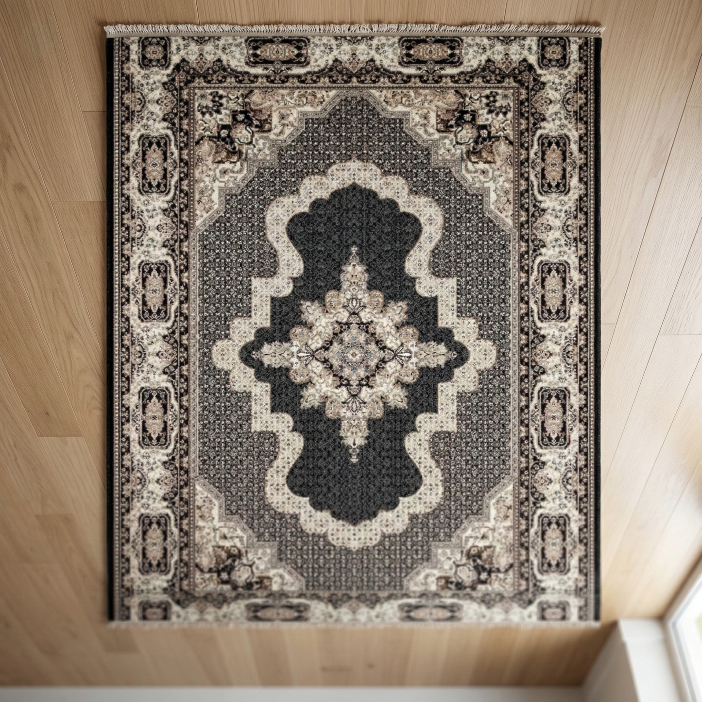 Modern Persian Area Rug – Slate Grey & Ivory Medallion Living Room Carpet - CU06