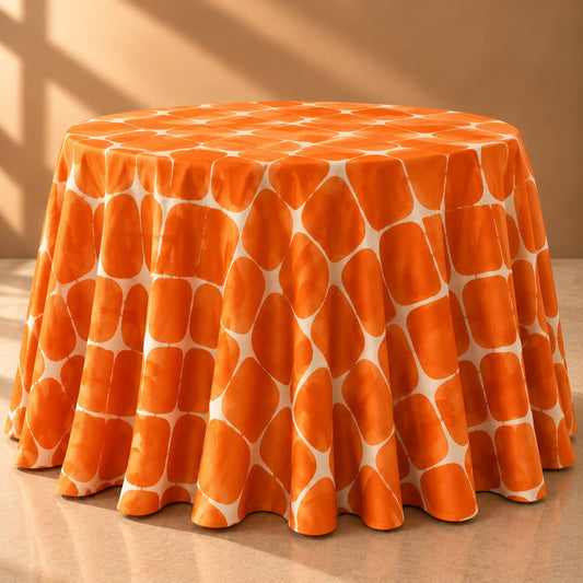 Retro Burnt Orange Geometric Tablecloth | Vintage Dry Hire for Linens - L06