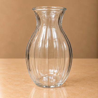 Elegant Fluted Glass Vase – Clear Curved Ribbed Floral Vessel - BV011