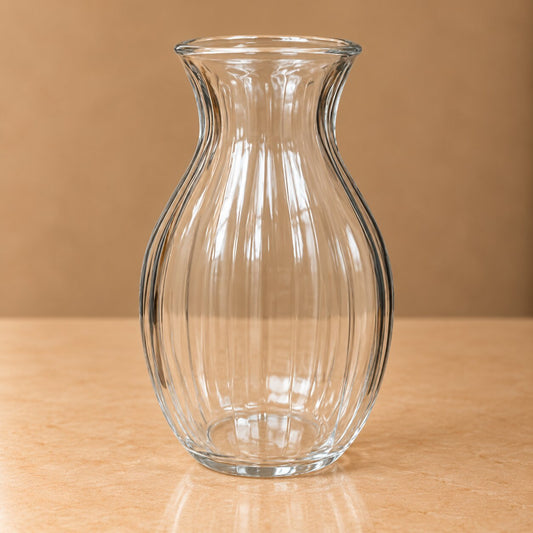 Elegant Fluted Glass Vase – Clear Curved Ribbed Floral Vessel - BV011
