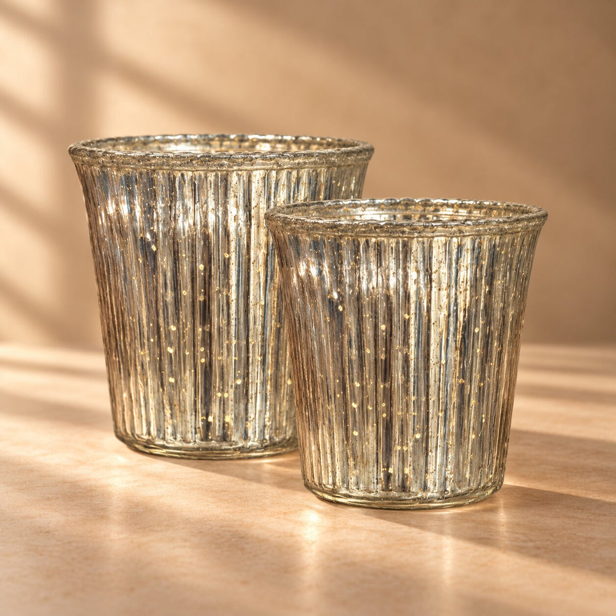 Ribbed Mercury Glass Tealight Holders – Set of 2 Silver Vintage Votive Cups - CT10