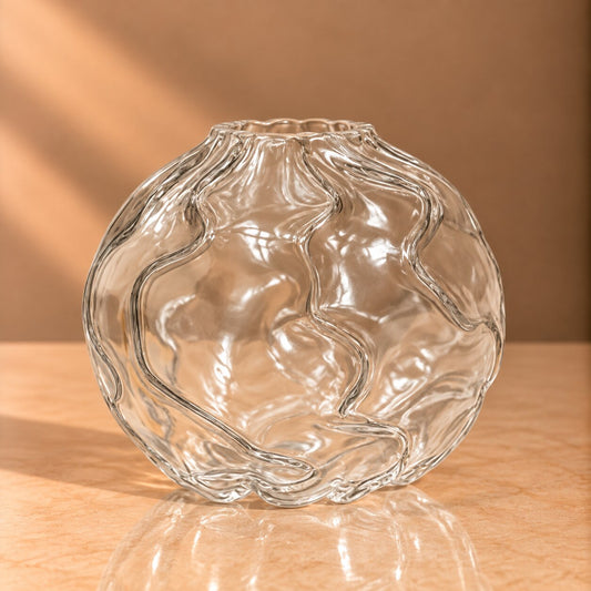 Organic Rippled Glass Orb Vase – Clear Textured Hand-Blown Style Vase - BV03