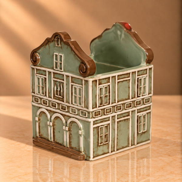Vintage Ceramic House Planter - Hand-Painted European Facade Pot for Succulents & Desk Decor -T17