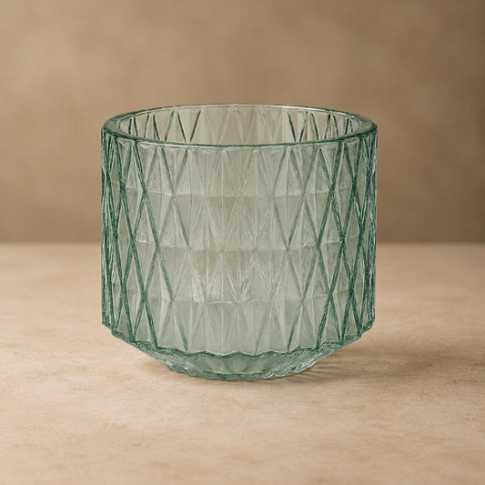 Sage Green Diamond Glass Pot – Geometric Textured Votive & Mini Planter - BV04