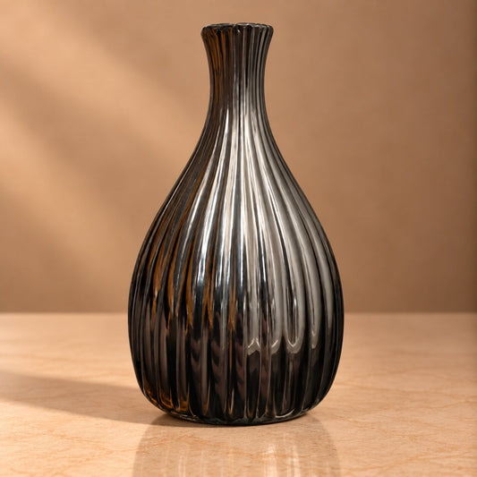 Metallic Smokey Grey Teardrop Vase – Ribbed Chrome Glass Bud Vase - BV12