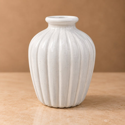 White Ribbed Ceramic Vase – Minimalist Stone Textured Bud Vase - BV02