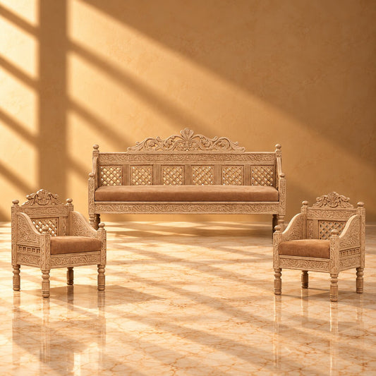 Luxury Hand-Carved Wooden Sofa Set – 3-Piece Traditional Artisan Bench & Armchairs