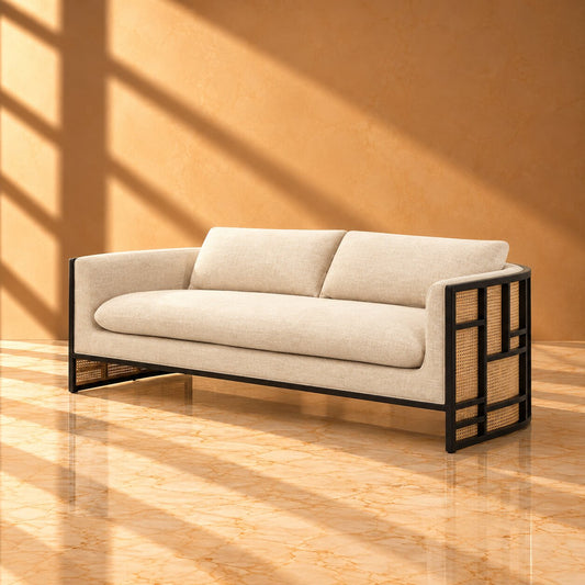 Wooden Rattan Back Linen Blend Sofa