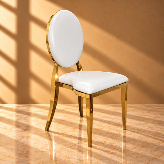Gold Louis Chair – Luxury Stainless Steel Dining Chair with White Oval Back Padded Seat - C03
