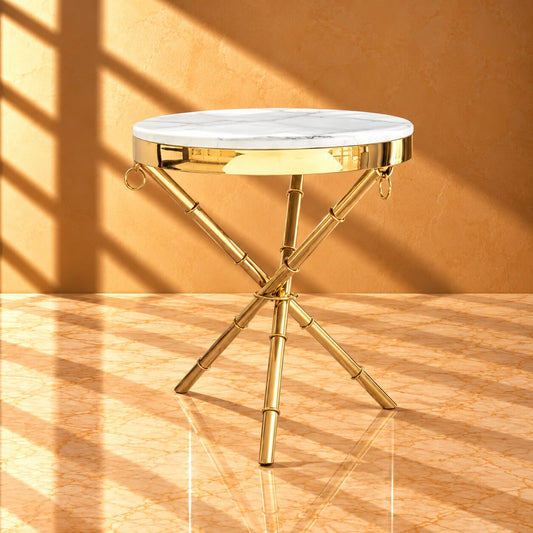 Luxury Marble Gold Side Table – 50cm Round White Faux Marble End Table with Bamboo Brass Legs