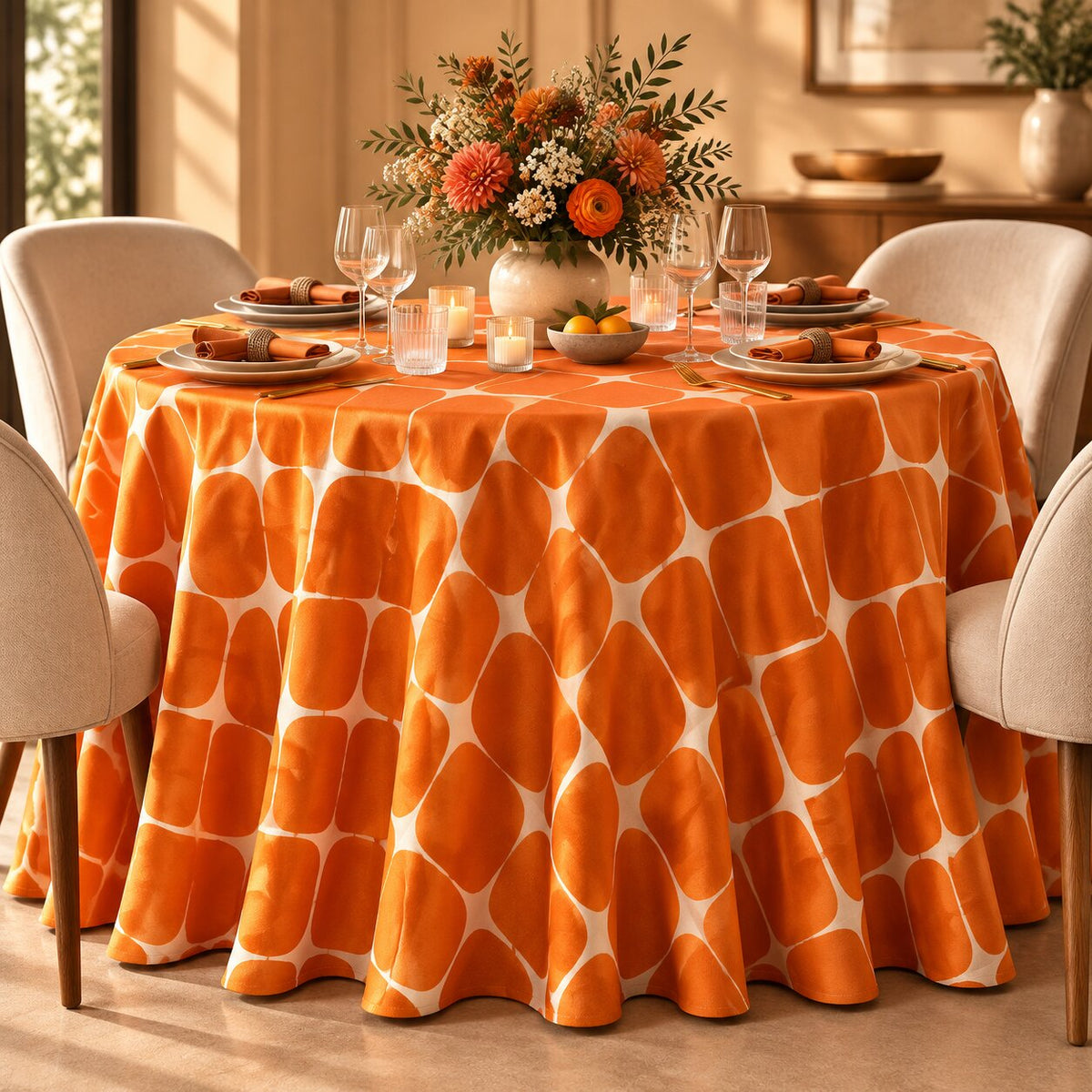 Retro Burnt Orange Geometric Tablecloth | Vintage Dry Hire for Linens - L06