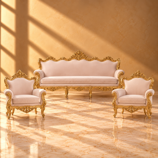 Baroque Sofa Set: Ornate Gold & Blush Velvet Living Room Collection