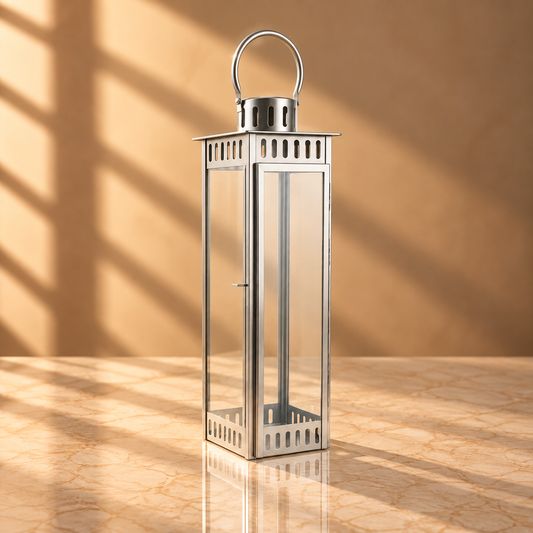 Large Silver Metal Lantern – Slim Modern Stainless Steel Hurricane Candle Holder - L03