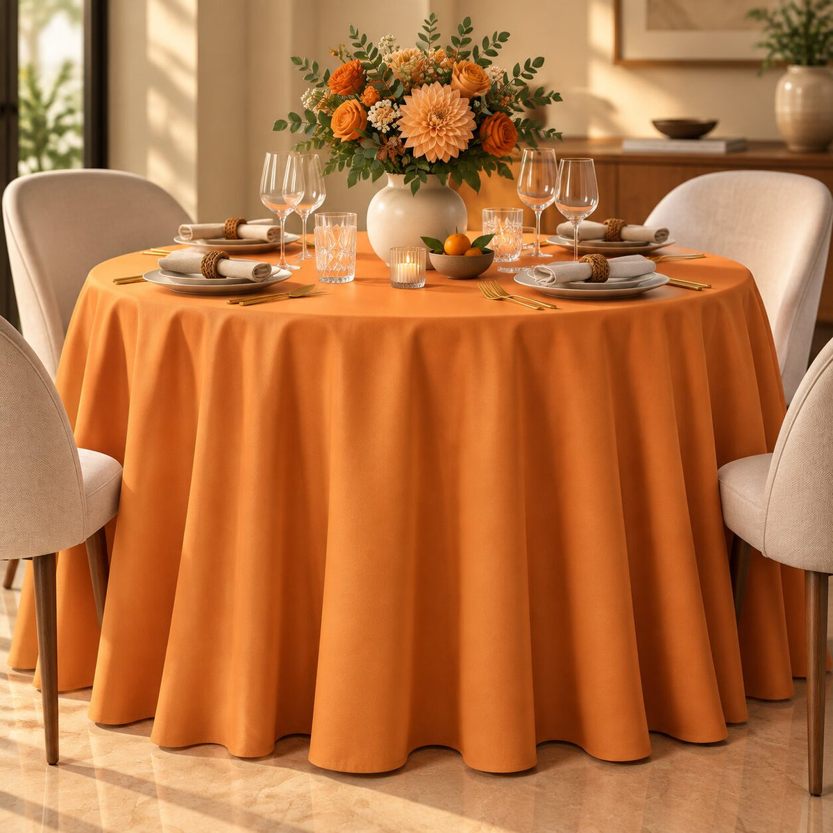 Burnt Orange Plain Tablecloth – Luxury Draped Dining Linen - L10
