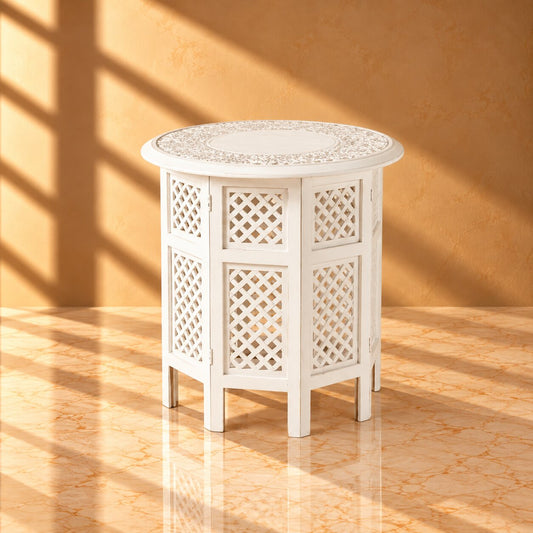 Hand-Carved Moroccan Side Table – Round White Boho Accent Table