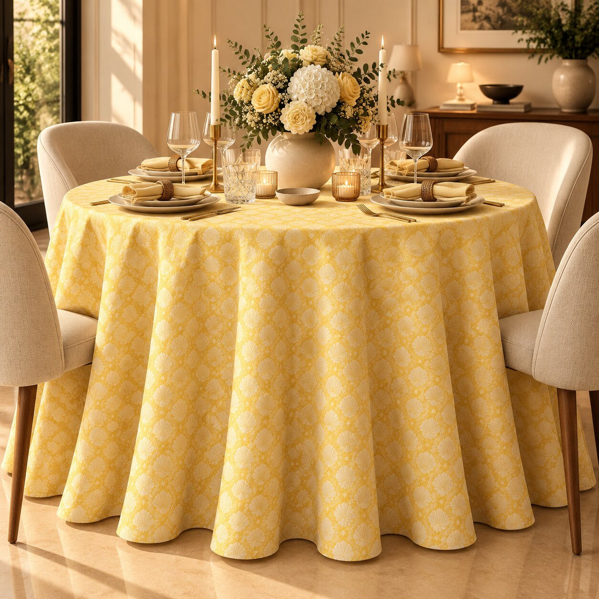 Sunlit Yellow Floral Pattern Printed Tablecloth – Elegant Luxury Dining Linen - L12