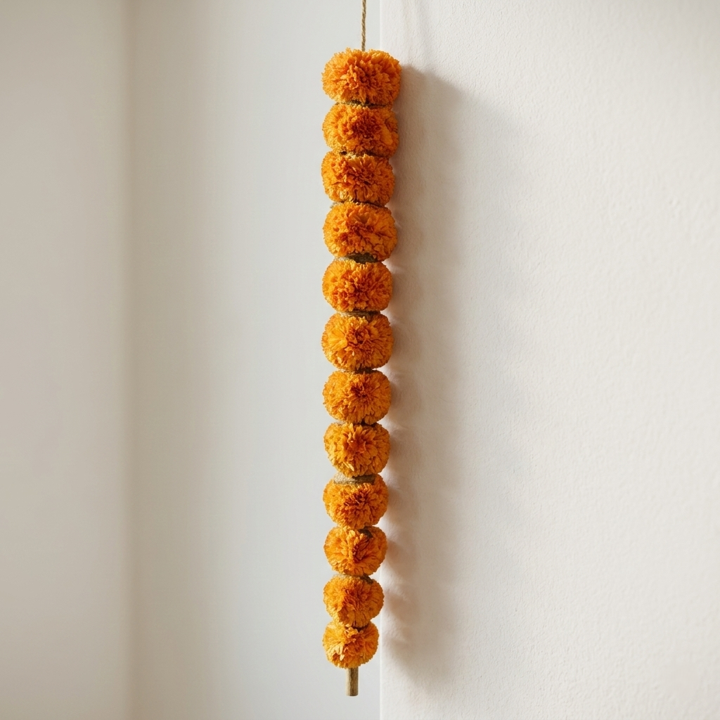 Artificial Marigold Garland for Diwali Decorations - Vibrant Orange Fluffy Flowers - T01