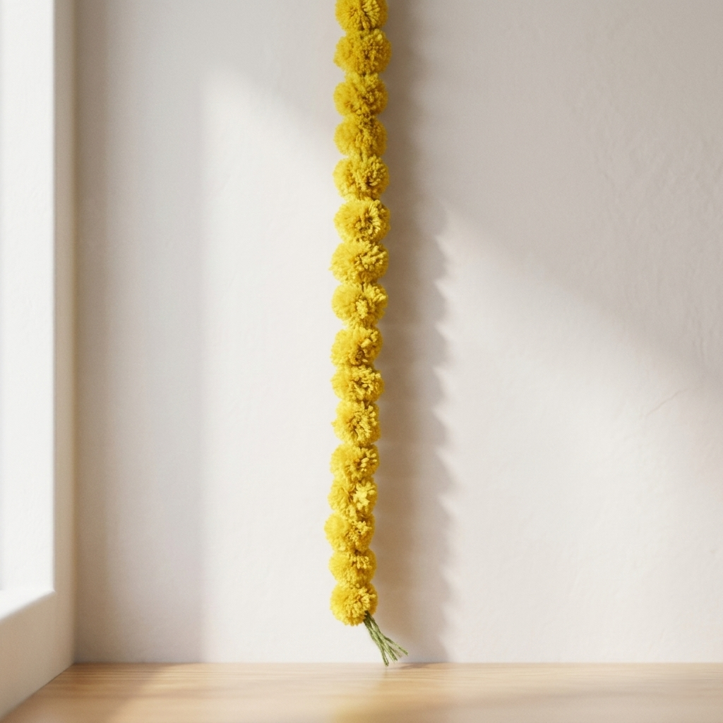 Artificial Marigold Garland (5ft) – Vibrant Yellow Genda Phool for Diwali, Weddings, & Home Décor -T03