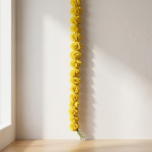 Artificial Marigold Garland (5ft) – Vibrant Yellow Genda Phool for Diwali, Weddings, & Home Décor -T03