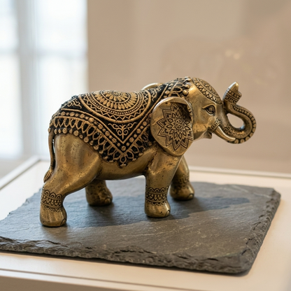 Gold Elephant Figurine with Intricate Mandala Detail - Royal Indian Trunk-Up Statue for Luck & Prosperity - T14