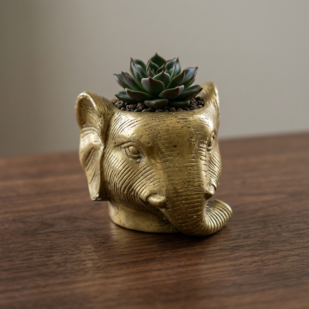 Brass Elephant Head Planter - Handcrafted Gold Pot for Succulents & Sacred Home Decor - T15