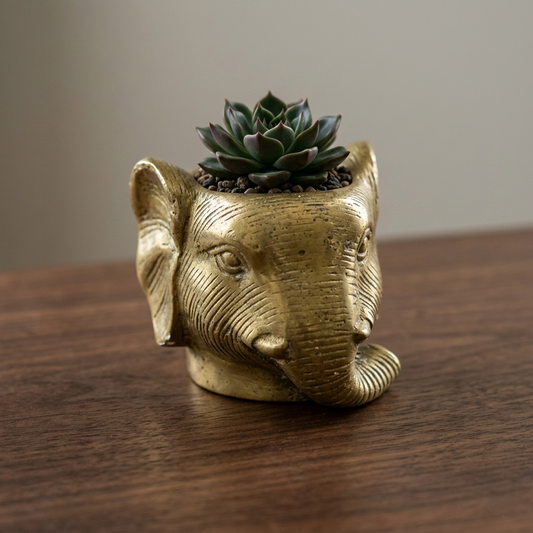 Brass Elephant Head Planter - Handcrafted Gold Pot for Succulents & Sacred Home Decor - T15