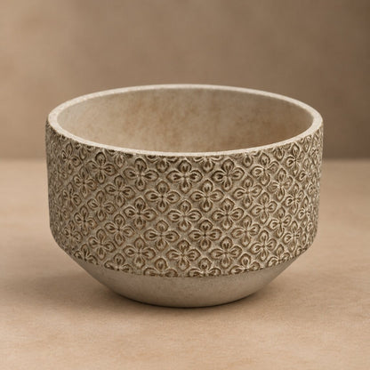 Patterned Stone Bowl – Embossed Floral Motif Ceramic Planter with Weathered Sand Finish - U33