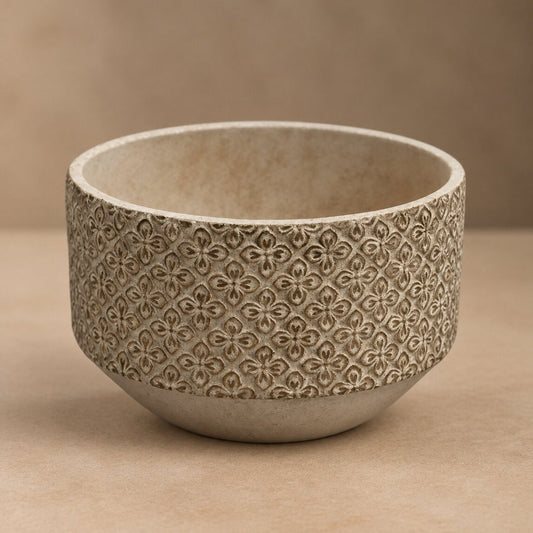Patterned Stone Bowl – Embossed Floral Motif Ceramic Planter with Weathered Sand Finish - U33