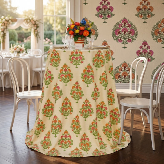 Indian Block-Print Floral Tablecloth | Colorful Dry Hire for Linens - L02