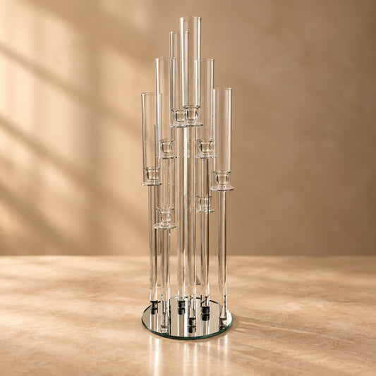 Modern Silver & Acrylic 10-Light Candelabra – Tiered Floating Glass Centerpiece - CT06