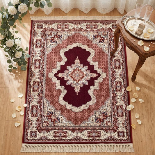Traditional Persian Medallion Rug – Classic Burgundy & Cream Oriental Area Carpet - CU01